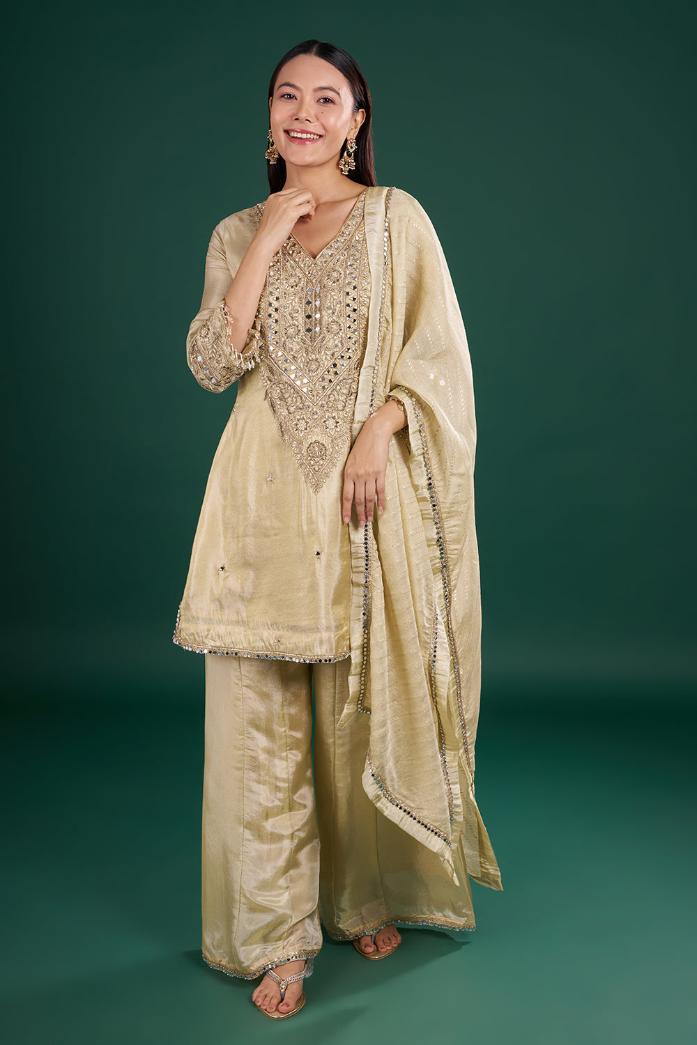 Gold Champagne Shimmer Kurta Set with Mirror Embroidery