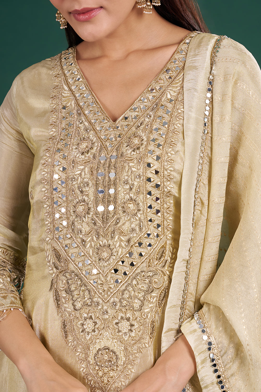 Gold Champagne Shimmer Kurta Set with Mirror Embroidery