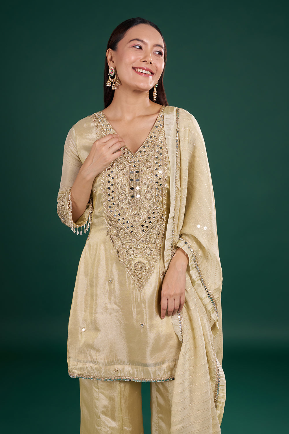 Gold Champagne Shimmer Kurta Set with Mirror Embroidery
