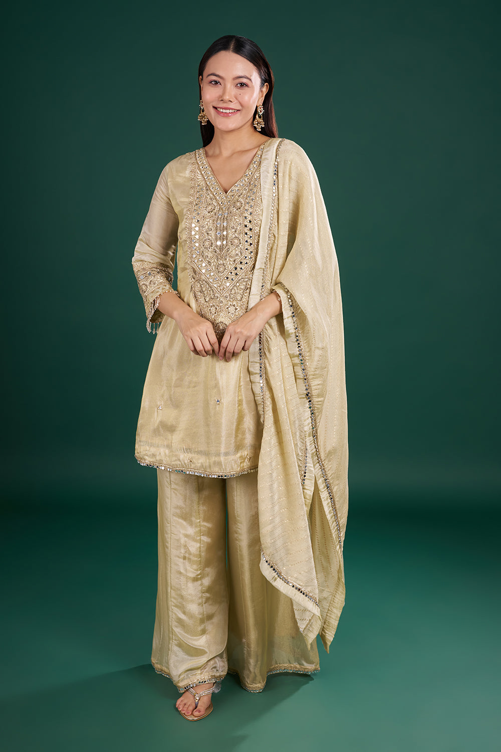 Gold Champagne Shimmer Kurta Set with Mirror Embroidery