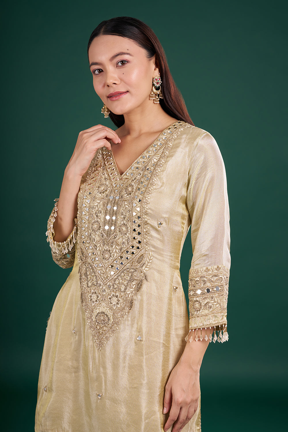 Gold Champagne Shimmer Kurta Set with Mirror Embroidery
