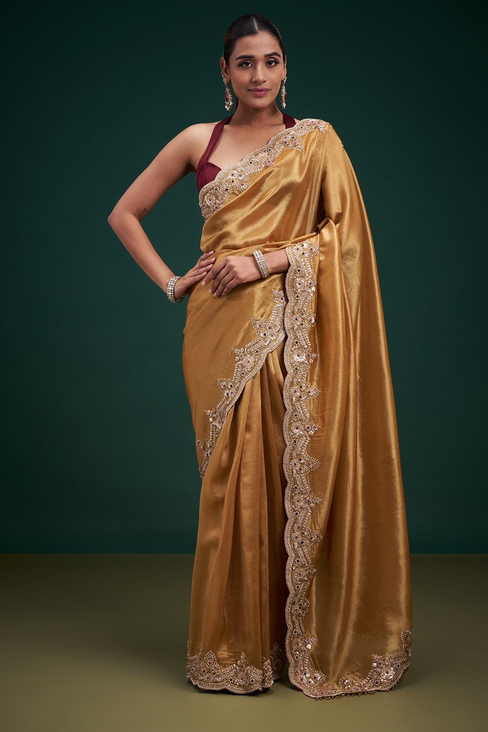 Gold Copper Tissue Saree with Scalloped Embroidered Border and Unstitched Blouse
