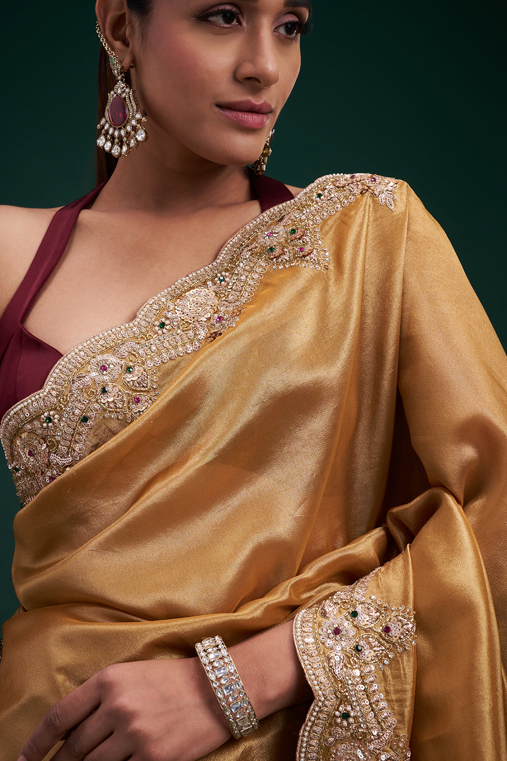 Gold Copper Tissue Saree with Scalloped Embroidered Border and Unstitched Blouse