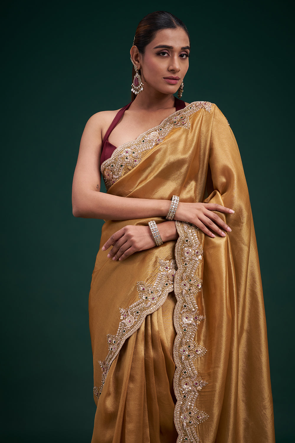 Gold Copper Tissue Saree with Scalloped Embroidered Border and Unstitched Blouse