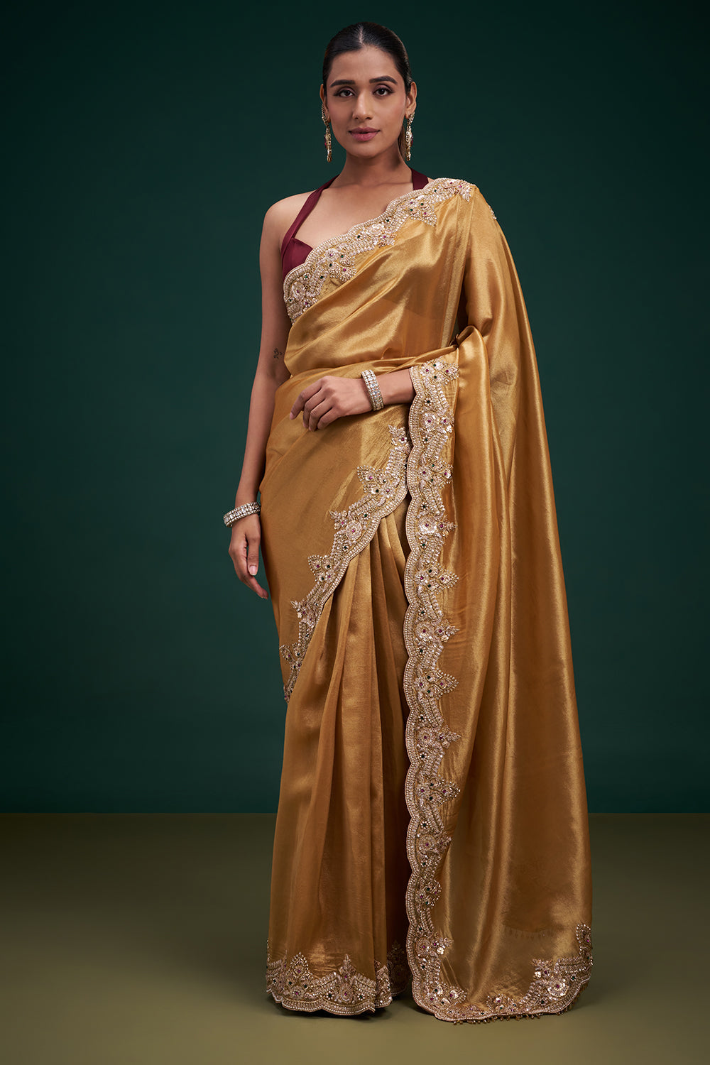 Gold Copper Tissue Saree with Scalloped Embroidered Border and Unstitched Blouse