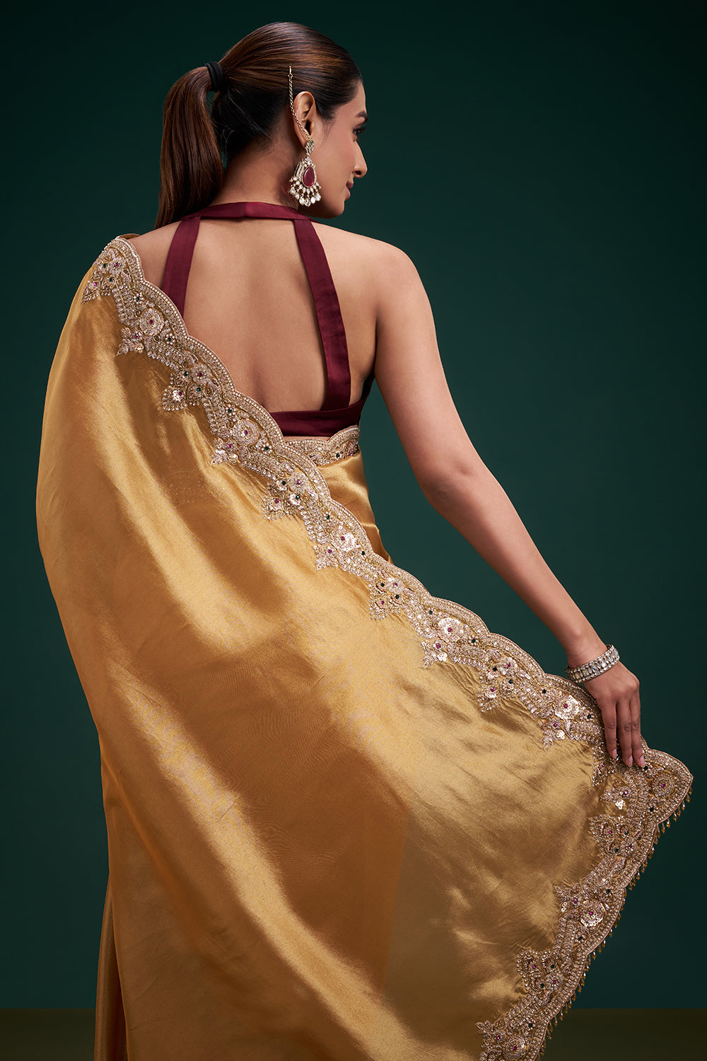 Gold Copper Tissue Saree with Scalloped Embroidered Border and Unstitched Blouse