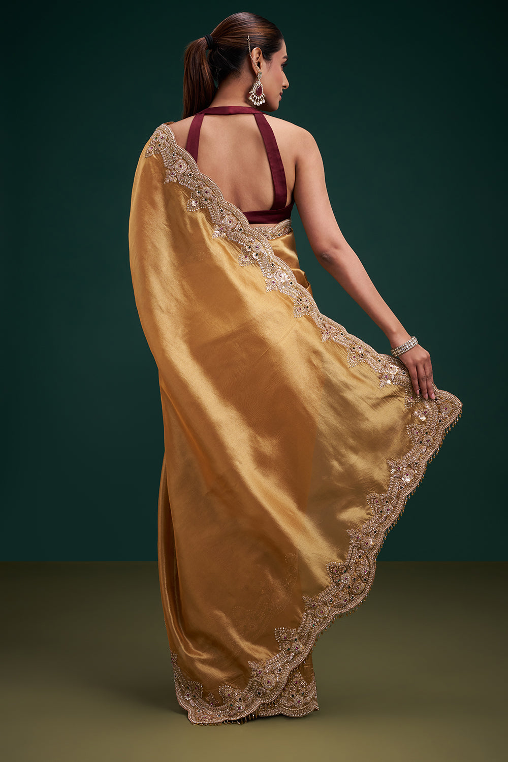 Gold Copper Tissue Saree with Scalloped Embroidered Border and Unstitched Blouse