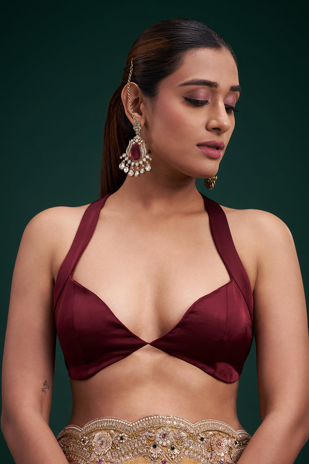 Gold Copper Tissue Saree with Scalloped Embroidered Border and Unstitched Blouse
