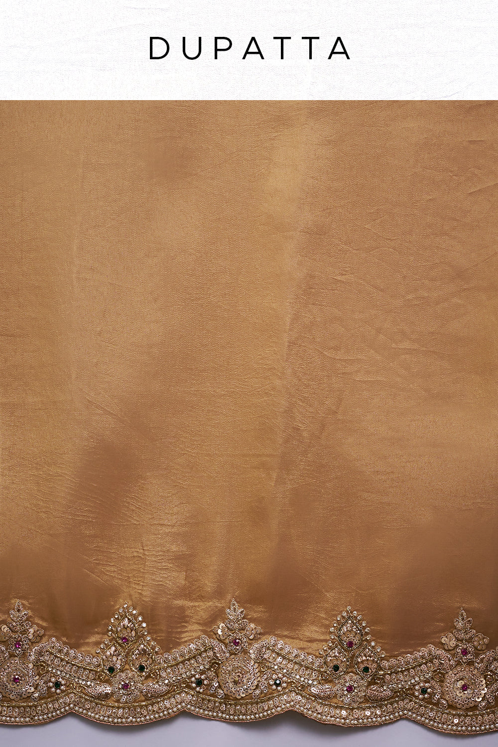 Gold Copper Tissue Saree with Scalloped Embroidered Border and Unstitched Blouse