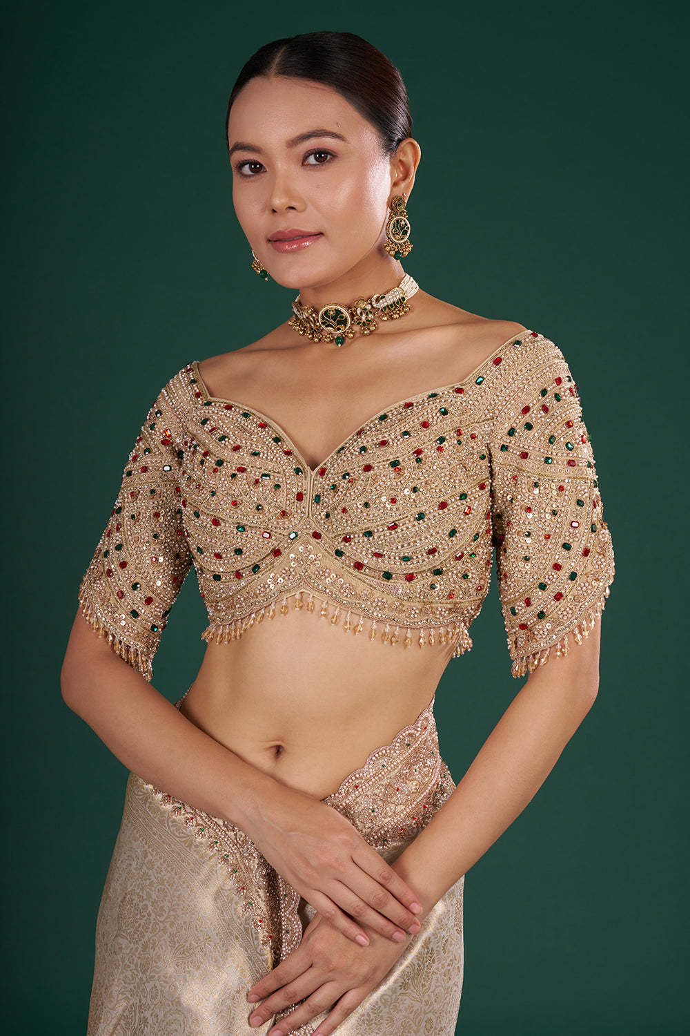Gold Embroidered Shimmer Zari Brocade Saree with Rose Gold Cut Dana