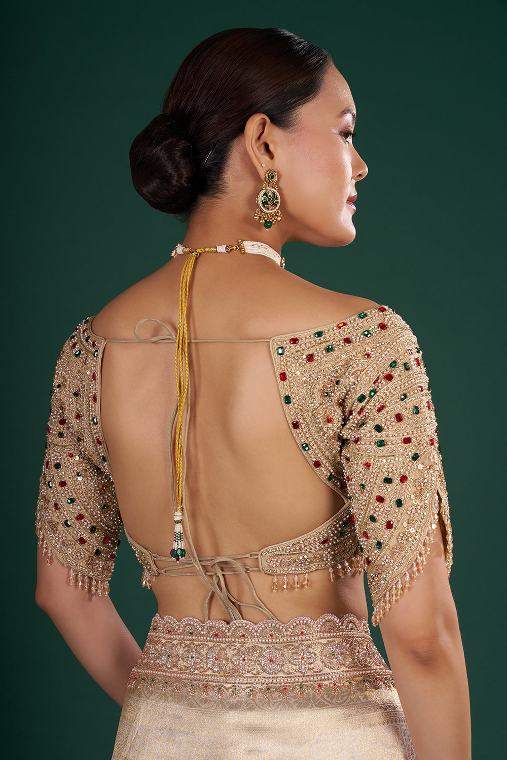 Gold Embroidered Shimmer Zari Brocade Saree with Rose Gold Cut Dana