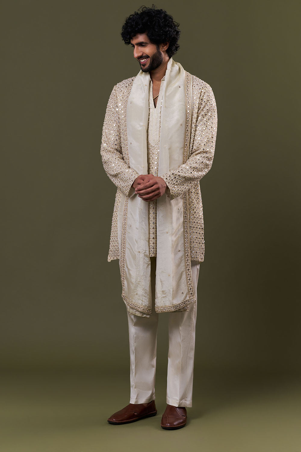Gold Shimmer Georgette Mirror Embellished Kurta Set with Stole