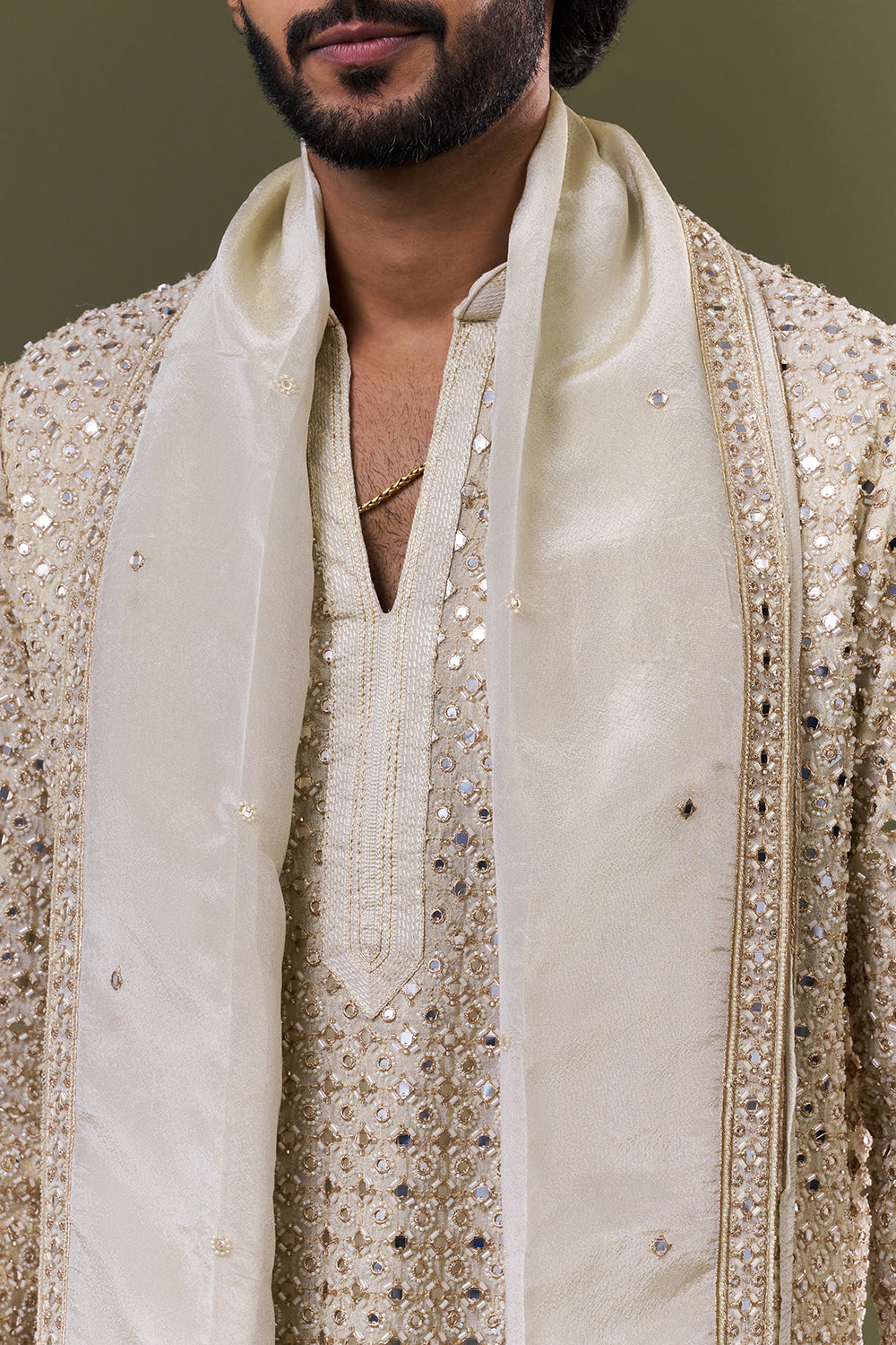Gold Shimmer Georgette Mirror Embellished Kurta Set with Stole