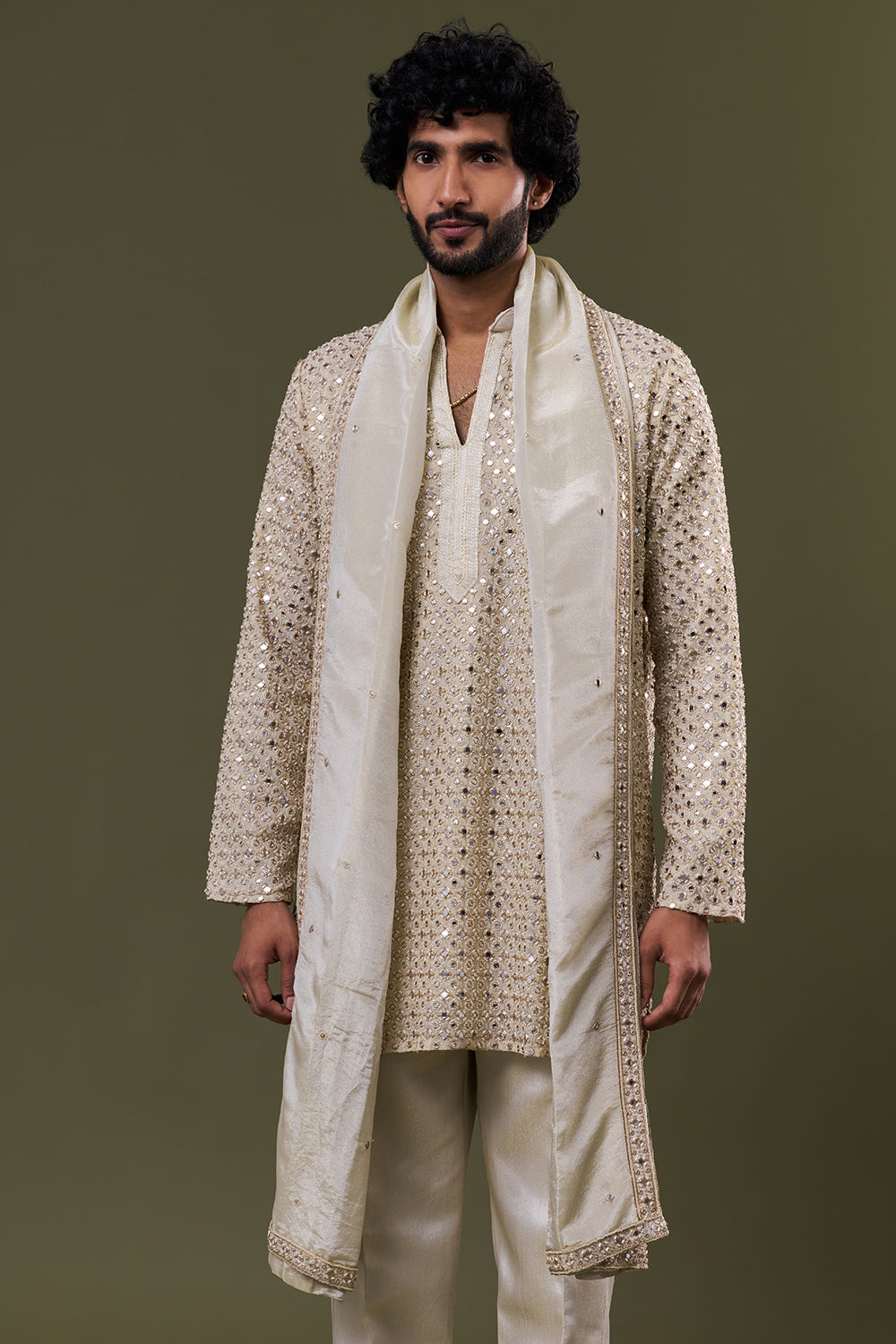 Gold Shimmer Georgette Mirror Embellished Kurta Set with Stole