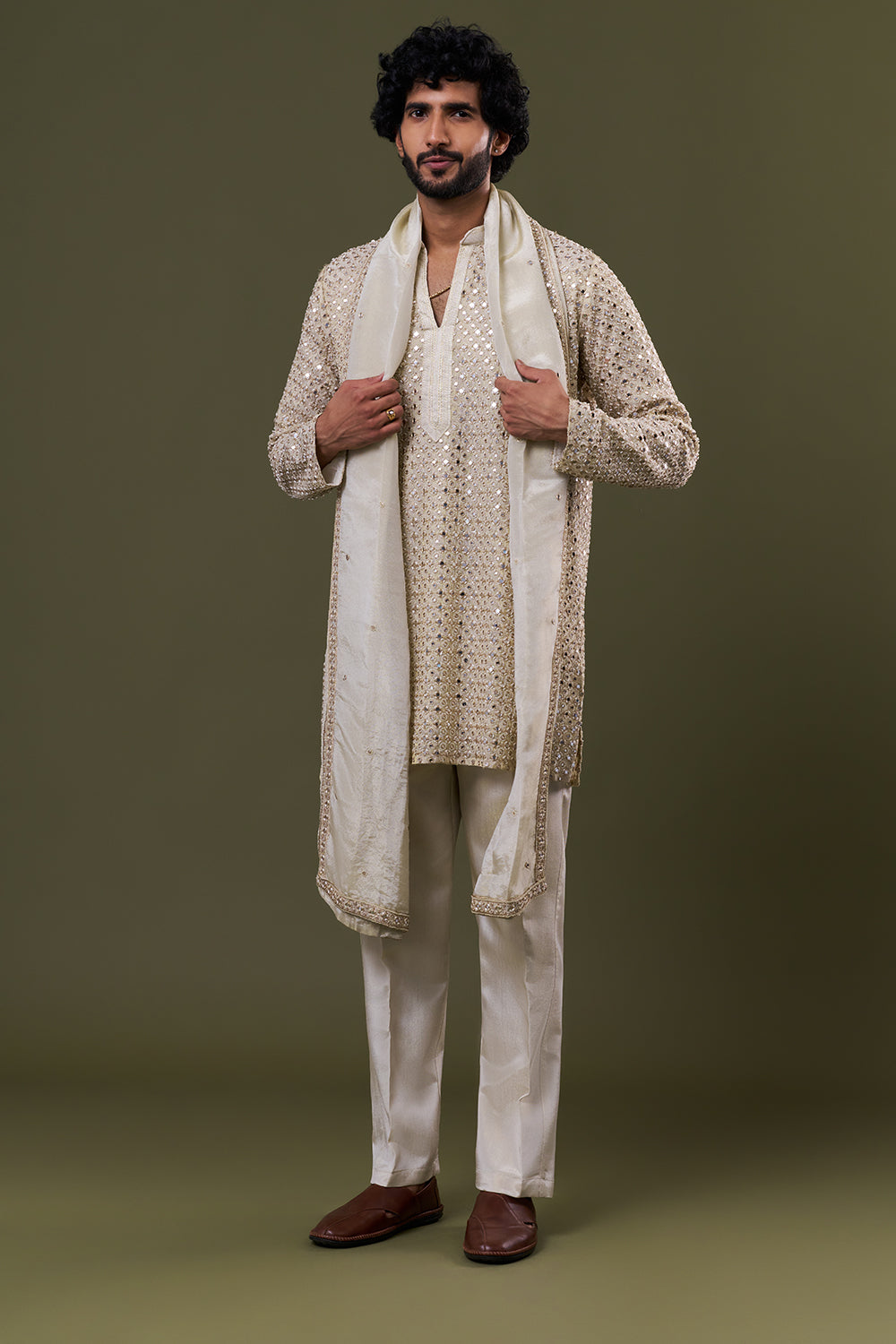 Gold Shimmer Georgette Mirror Embellished Kurta Set with Stole