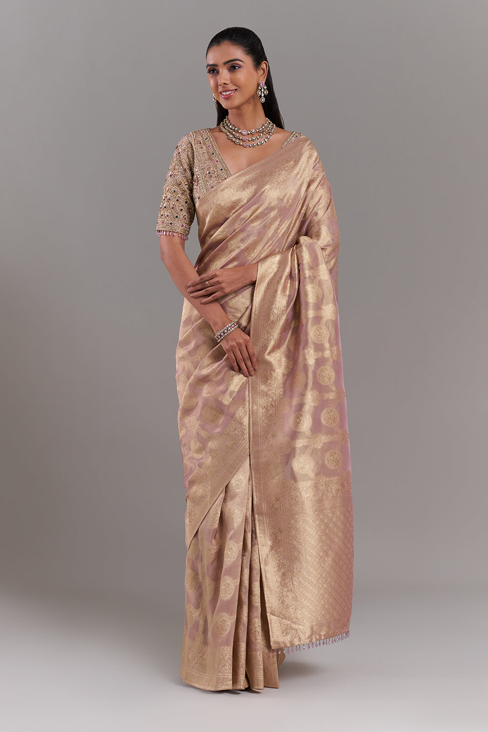 Gold Shimmer Organza Banarasi Printed Saree