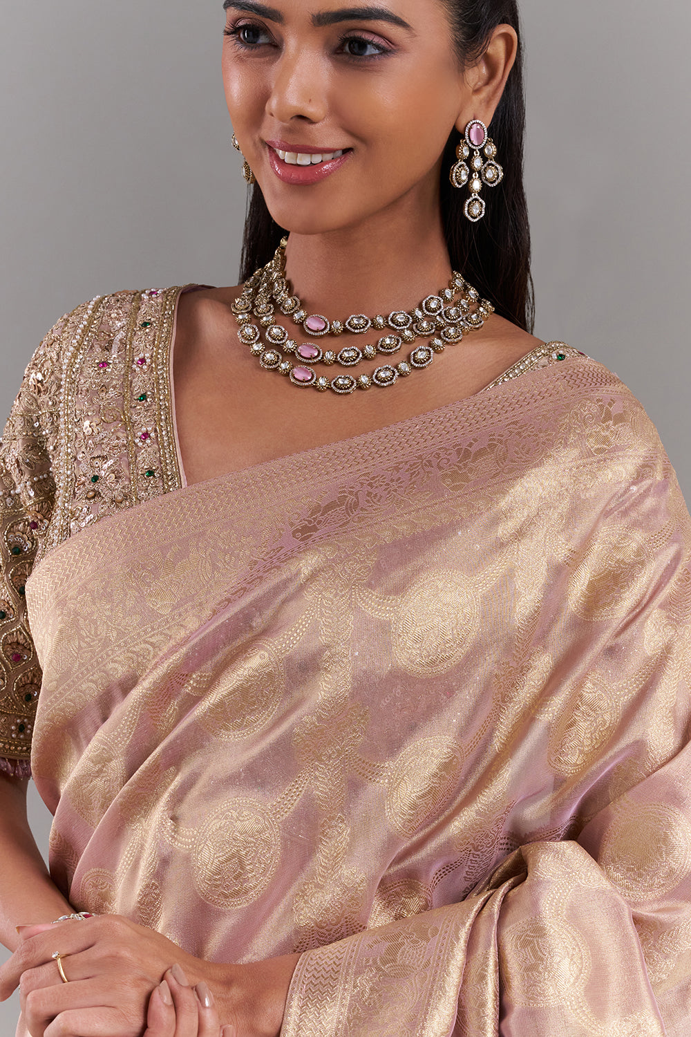 Gold Shimmer Organza Banarasi Printed Saree