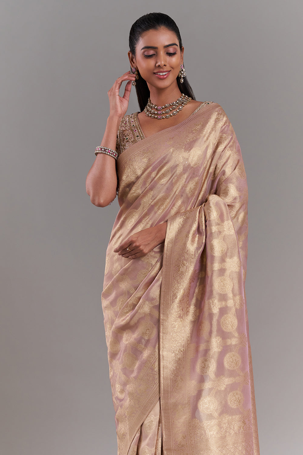 Gold Shimmer Organza Banarasi Printed Saree