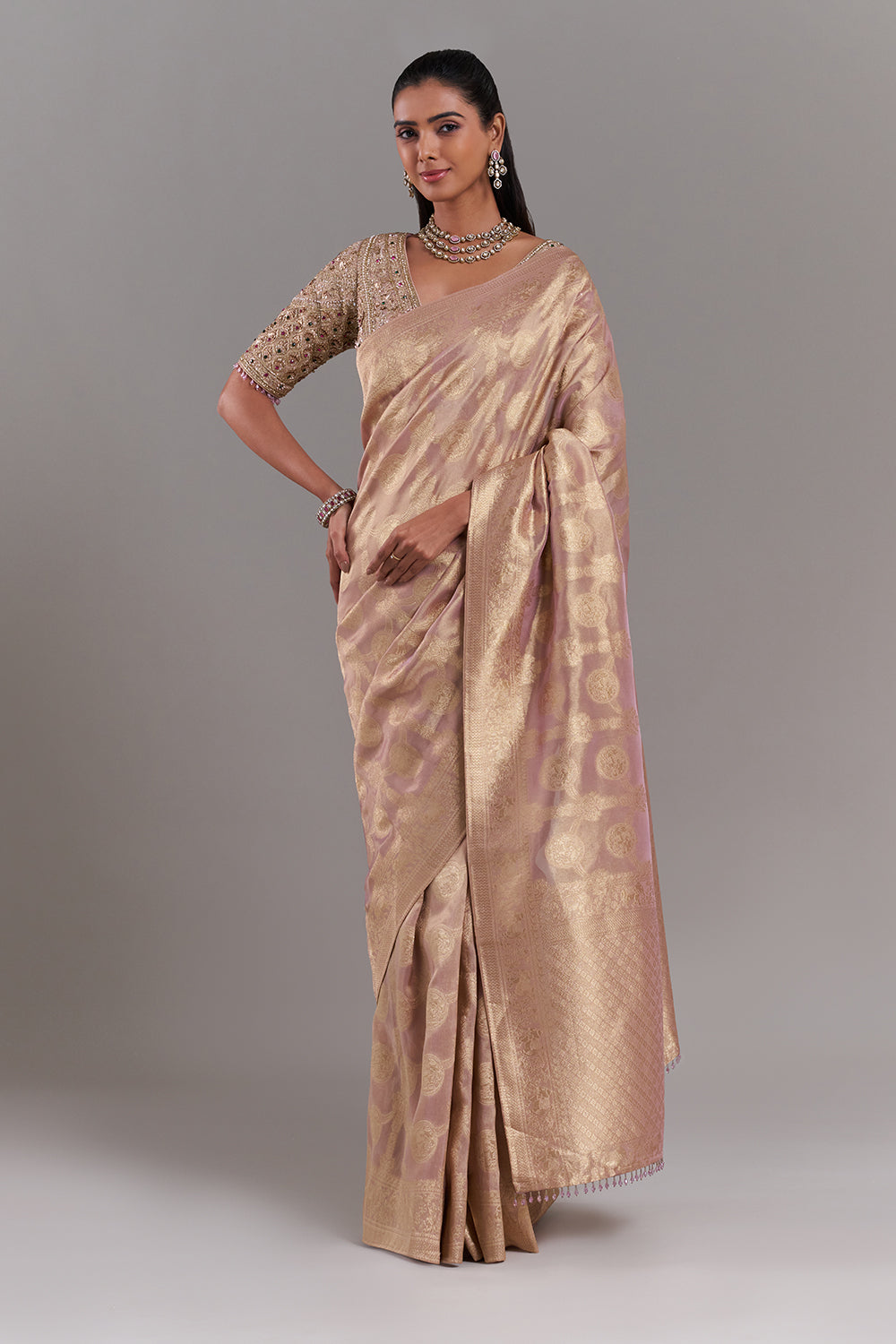 Gold Shimmer Organza Banarasi Printed Saree
