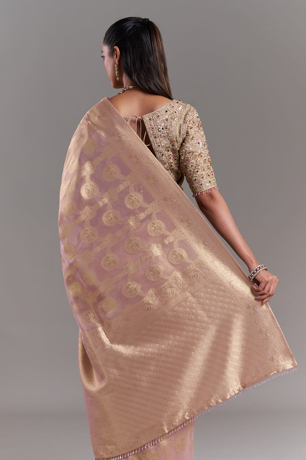Gold Shimmer Organza Banarasi Printed Saree
