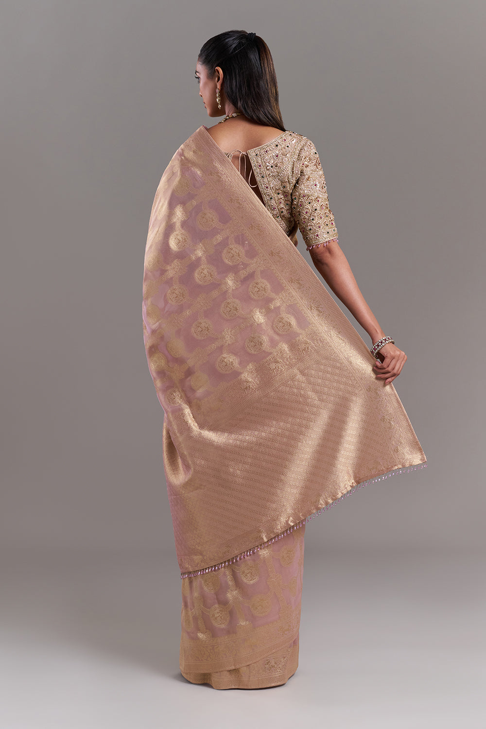 Gold Shimmer Organza Banarasi Printed Saree