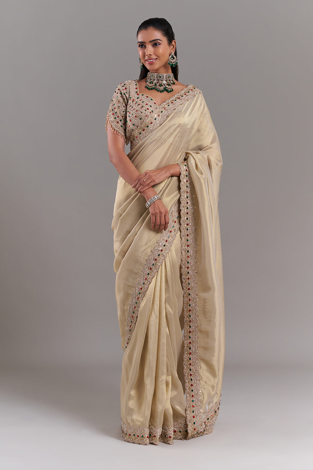 Gold Shimmer Organza Saree with Embellished Border