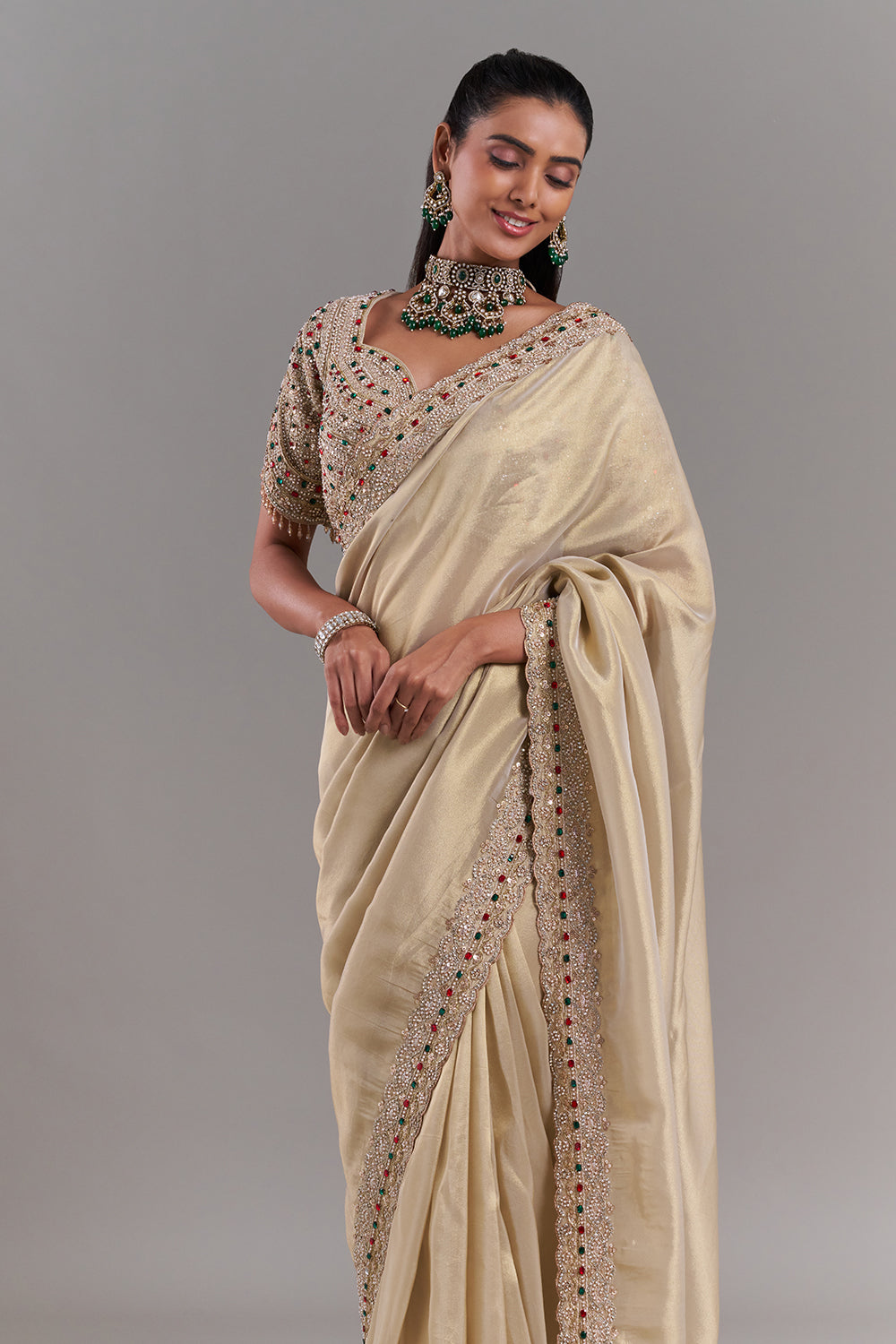 Gold Shimmer Organza Saree with Embellished Border
