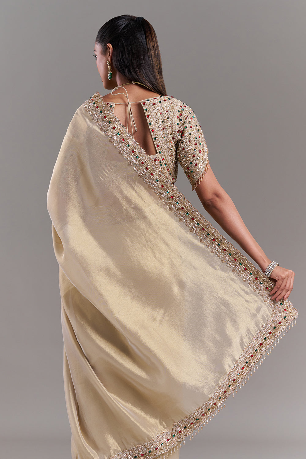 Gold Shimmer Organza Saree with Embellished Border