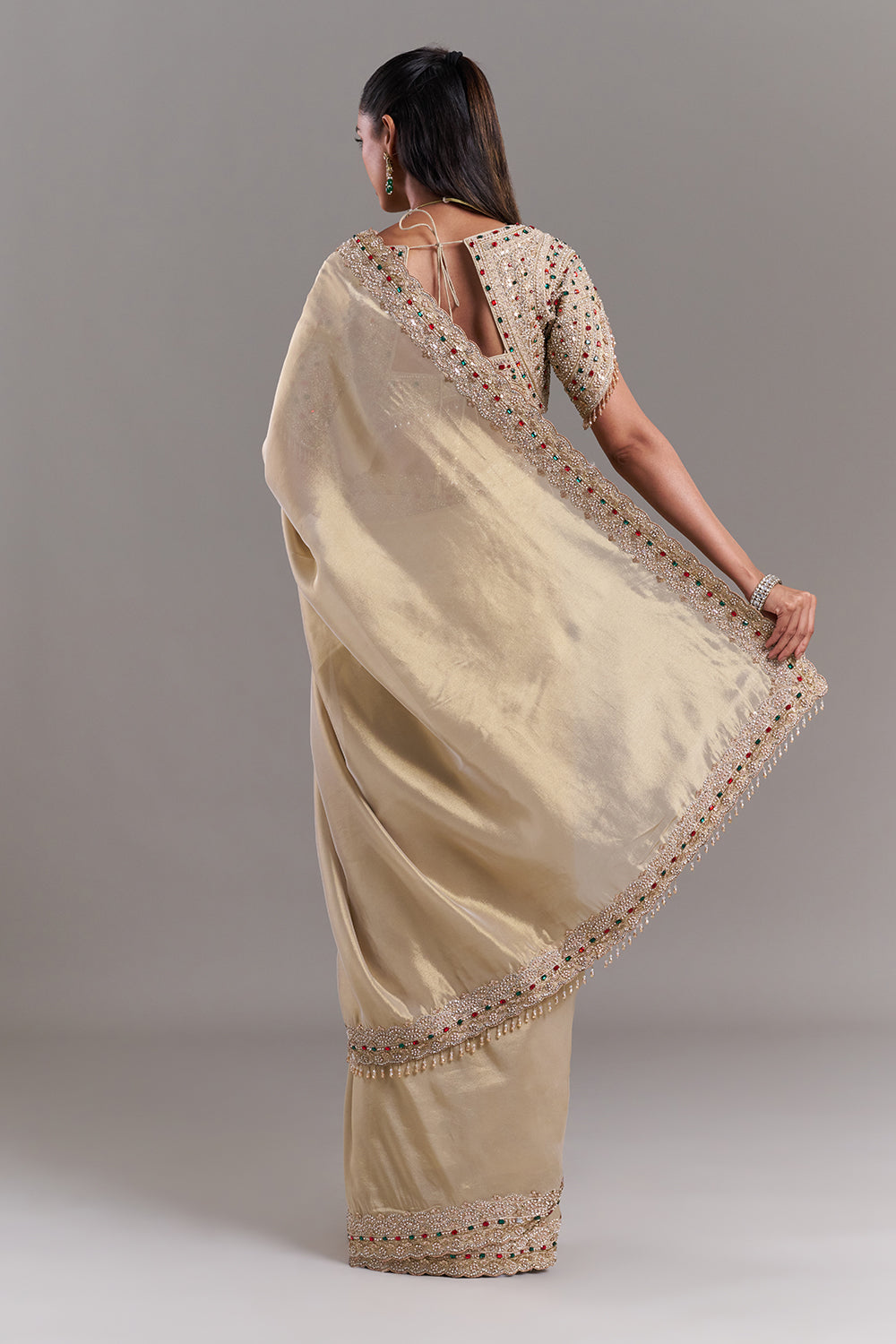 Gold Shimmer Organza Saree with Embellished Border