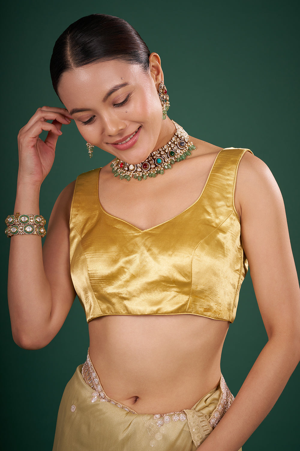 Golden Tissue Saree with Floral Embroidered Scalloped Border and Unstitched Blouse