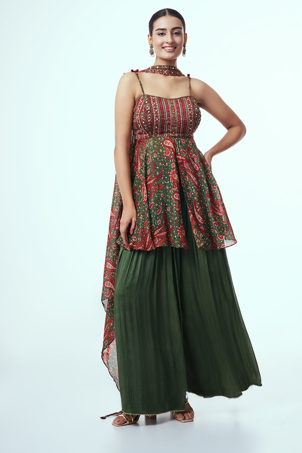 Green and Maroon Modal Indo-Western Set with Mirror Work