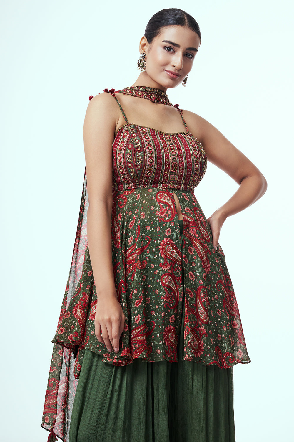Green and Maroon Modal Indo-Western Set with Mirror Work