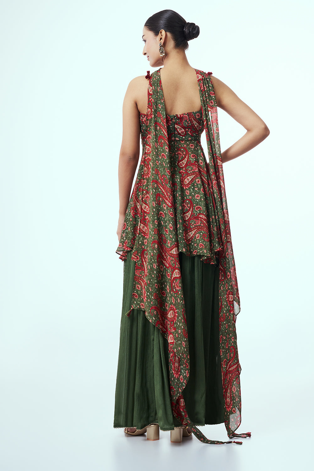 Green and Maroon Modal Indo-Western Set with Mirror Work
