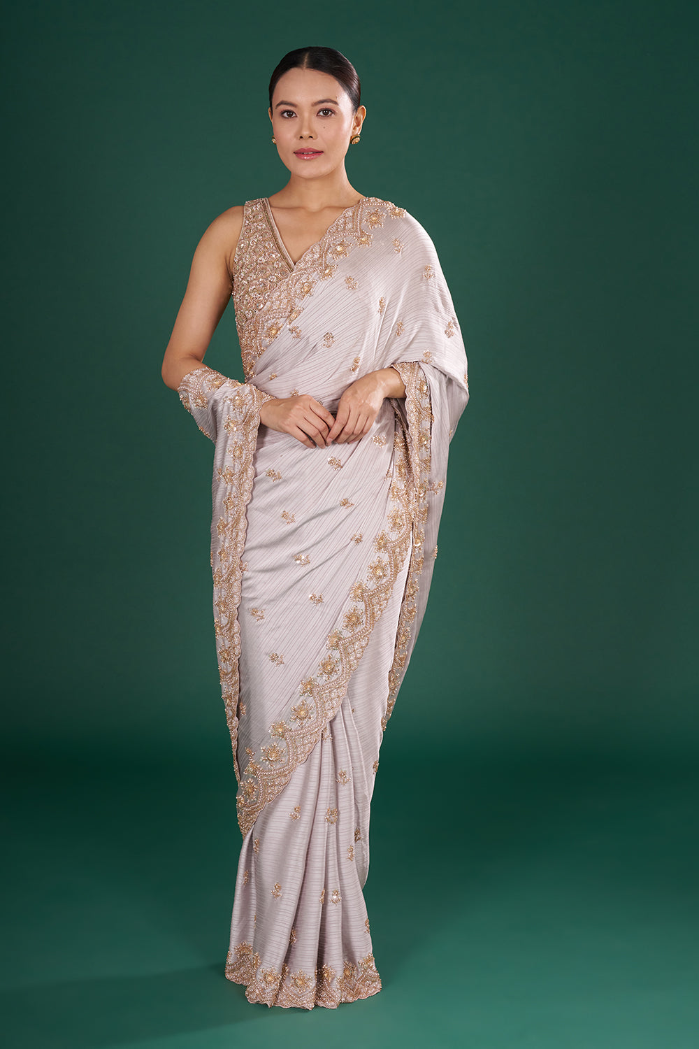 Grey Satin Crush Saree with Rose Gold Sequins