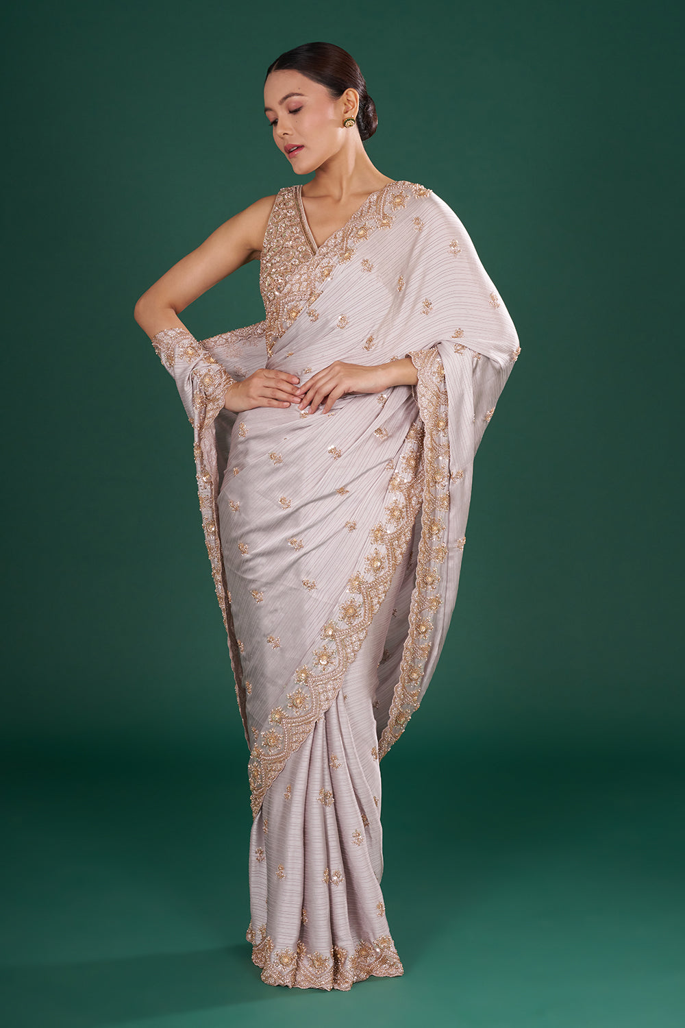 Grey Satin Crush Saree with Rose Gold Sequins