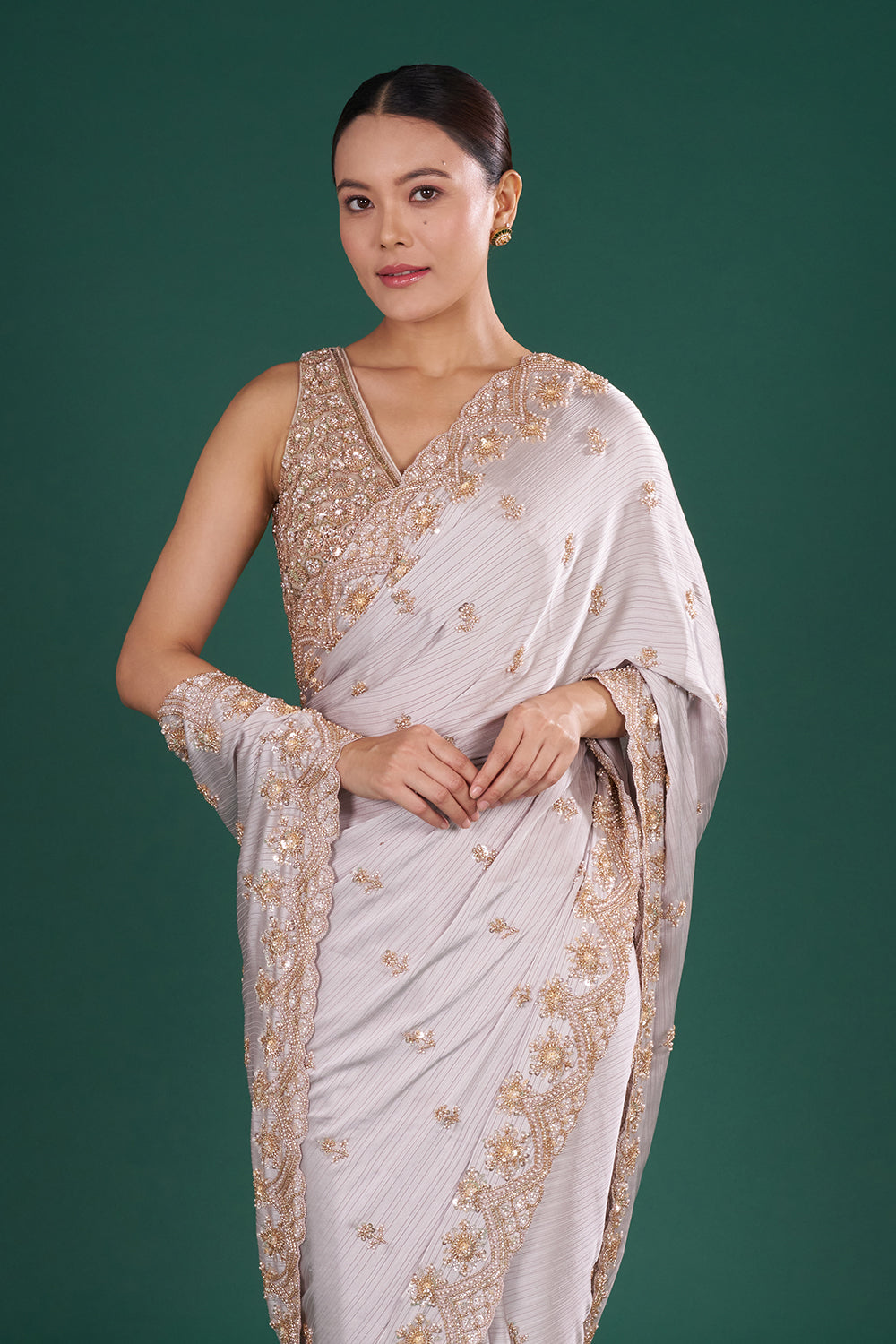 Grey Satin Crush Saree with Rose Gold Sequins