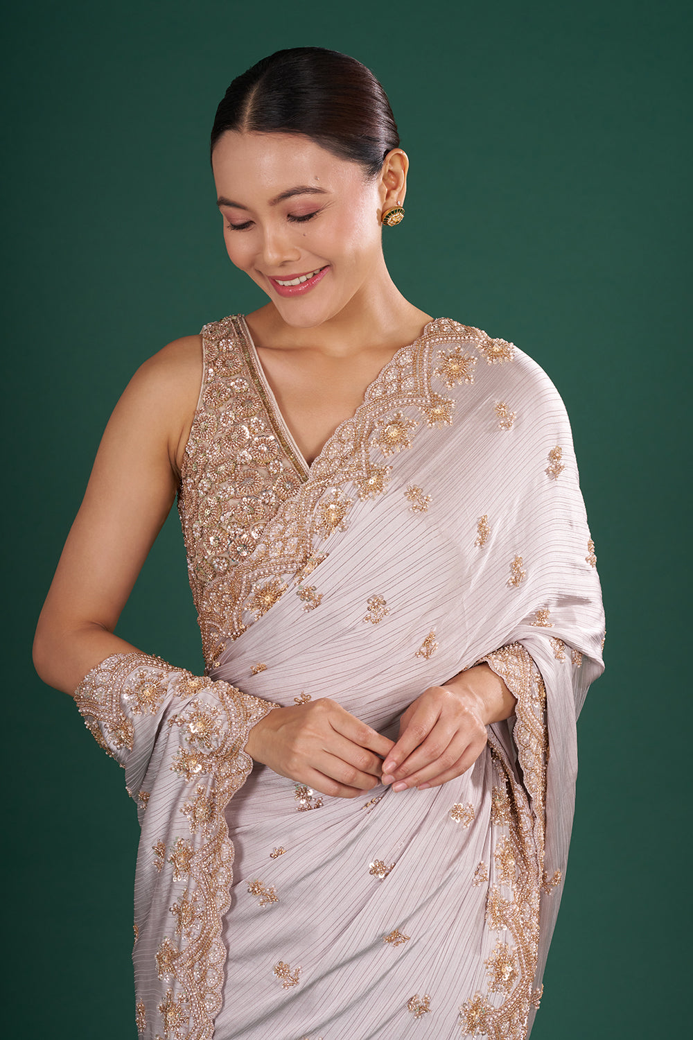 Grey Satin Crush Saree with Rose Gold Sequins