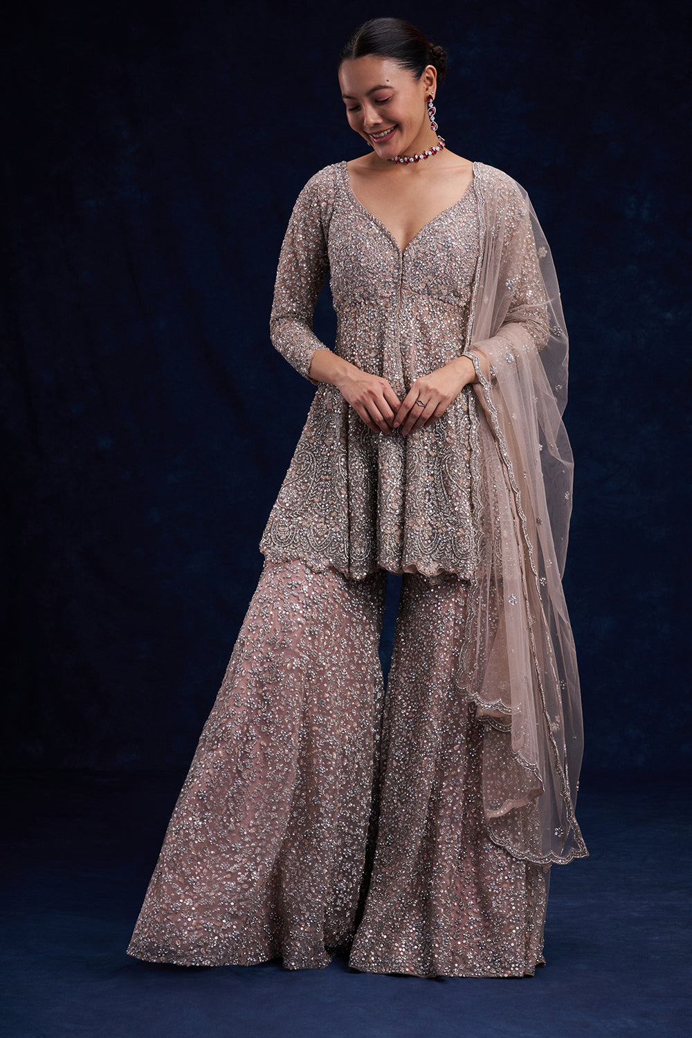 grey indo western dress Light Grey Sequins Embroidered Tissue Indo-Western Gown  Rim Zim Fashion