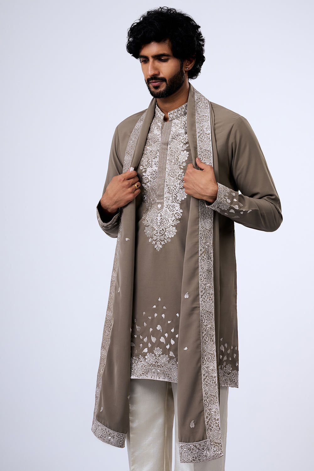 Grey Polyester Cotton Zari Embroidered Kurta Set with Stole