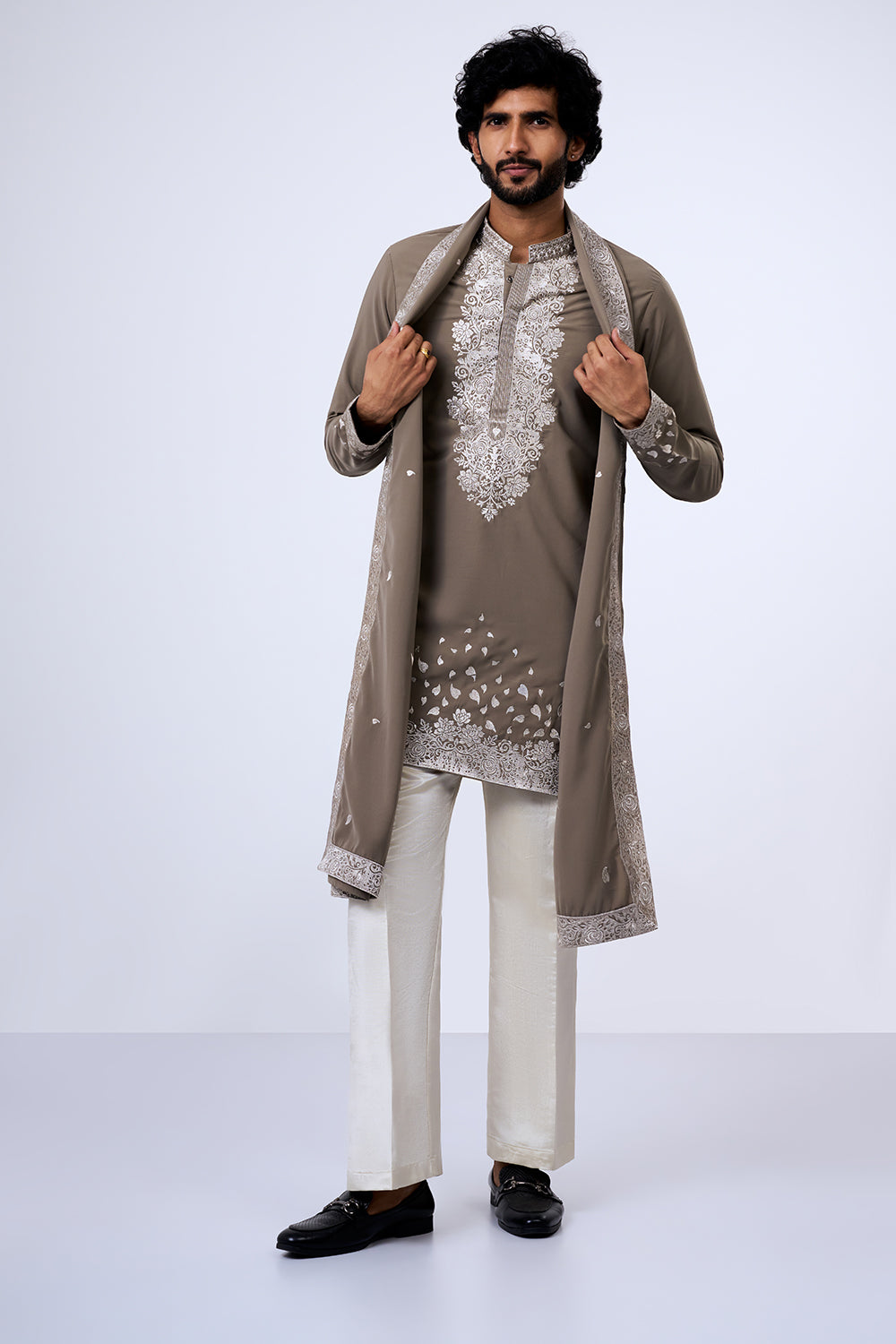 Grey Polyester Cotton Zari Embroidered Kurta Set with Stole