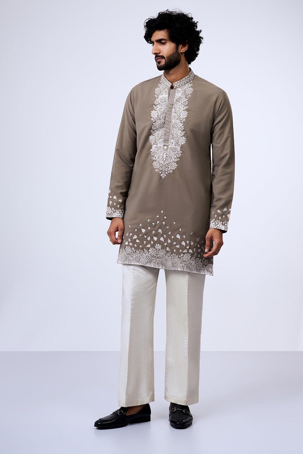 Grey Polyester Cotton Zari Embroidered Kurta Set with Stole