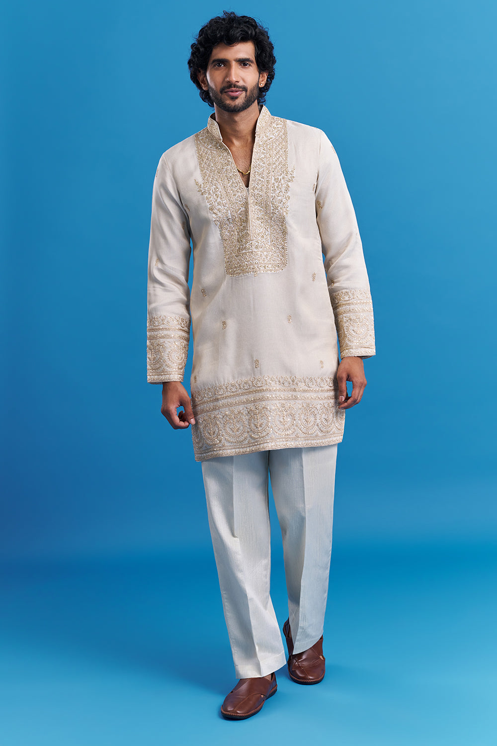 Ivory Cream Embroidered Men's Kurta Set