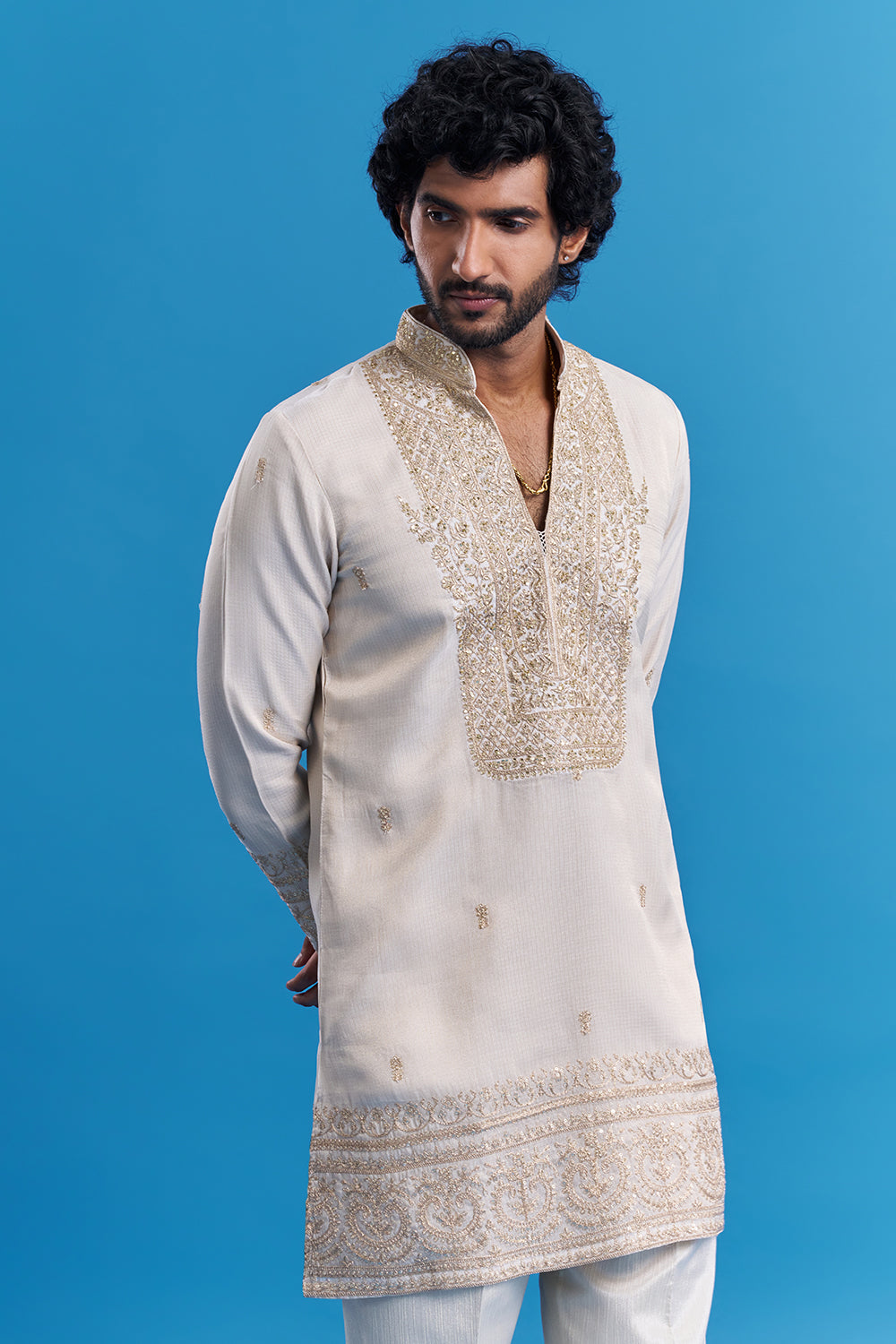 Ivory Cream Embroidered Men's Kurta Set
