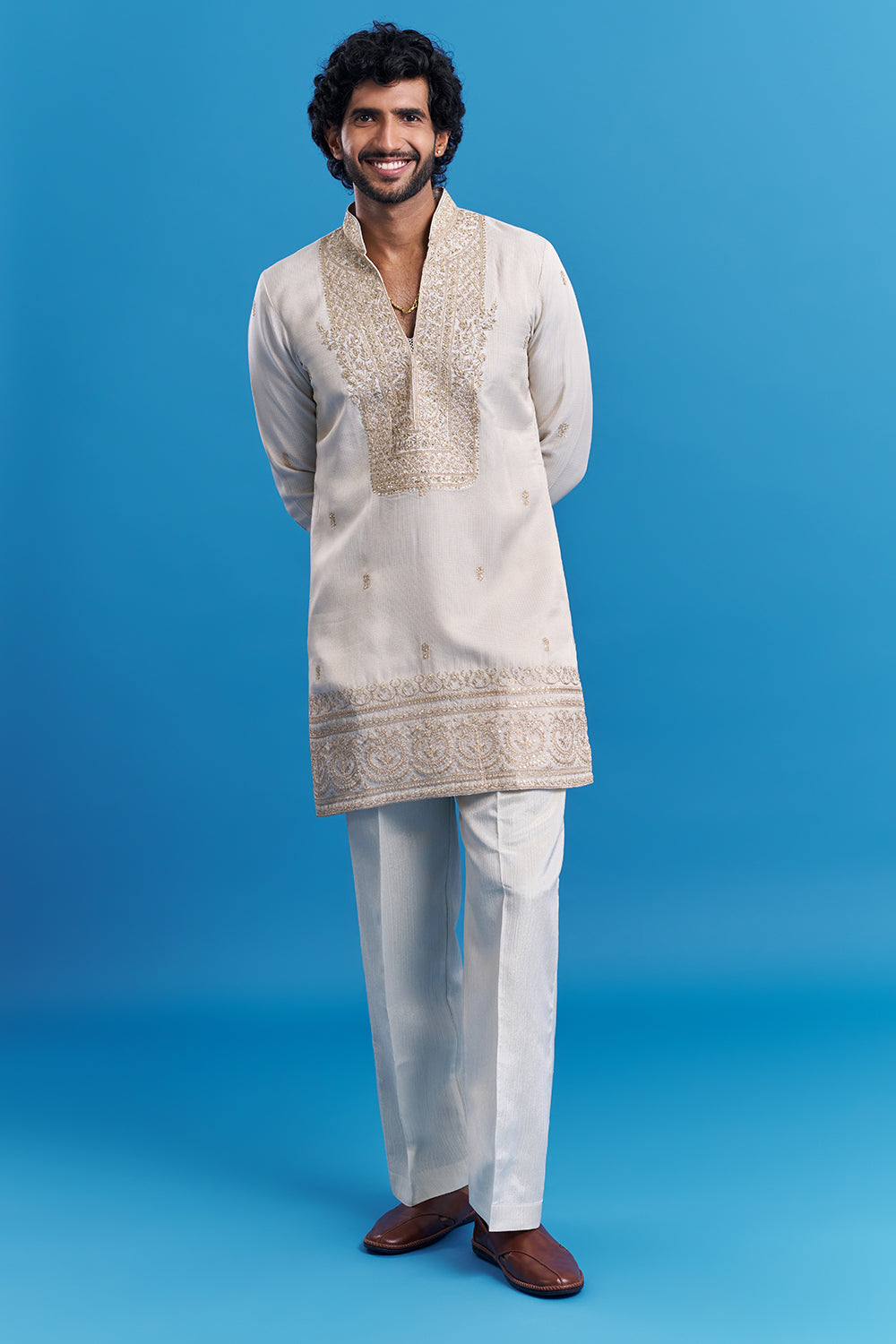 Ivory Cream Embroidered Men's Kurta Set