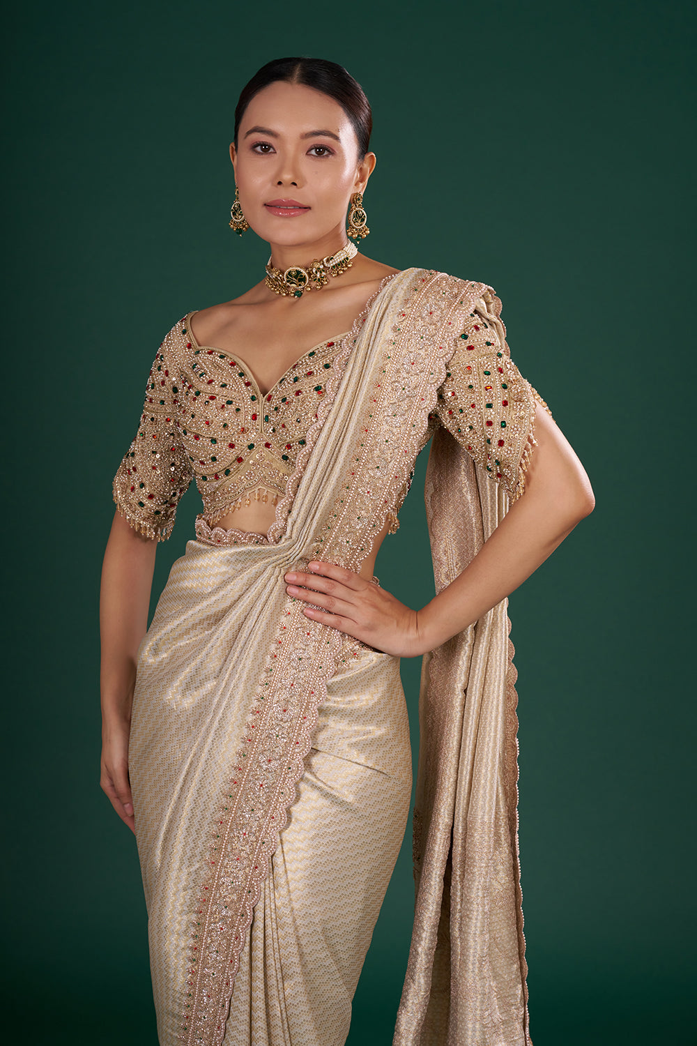 Ivory Gold Embroidered Shimmer Zari Brocade Saree with Rose Gold Cut Dana