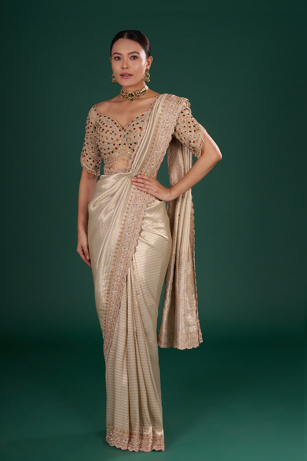 Ivory Gold Embroidered Shimmer Zari Brocade Saree with Rose Gold Cut Dana