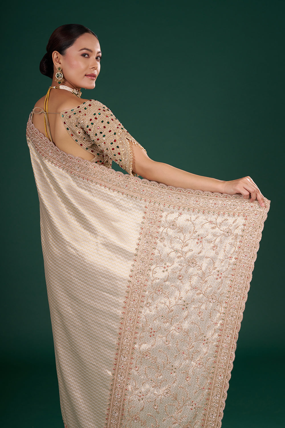 Ivory Gold Embroidered Shimmer Zari Brocade Saree with Rose Gold Cut Dana