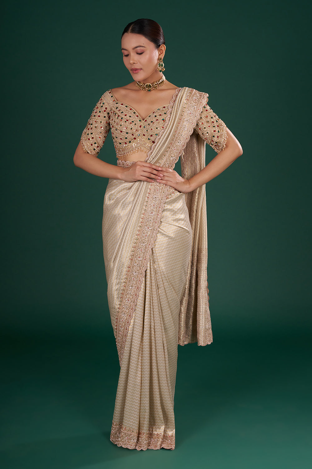 Ivory Gold Embroidered Shimmer Zari Brocade Saree with Rose Gold Cut Dana