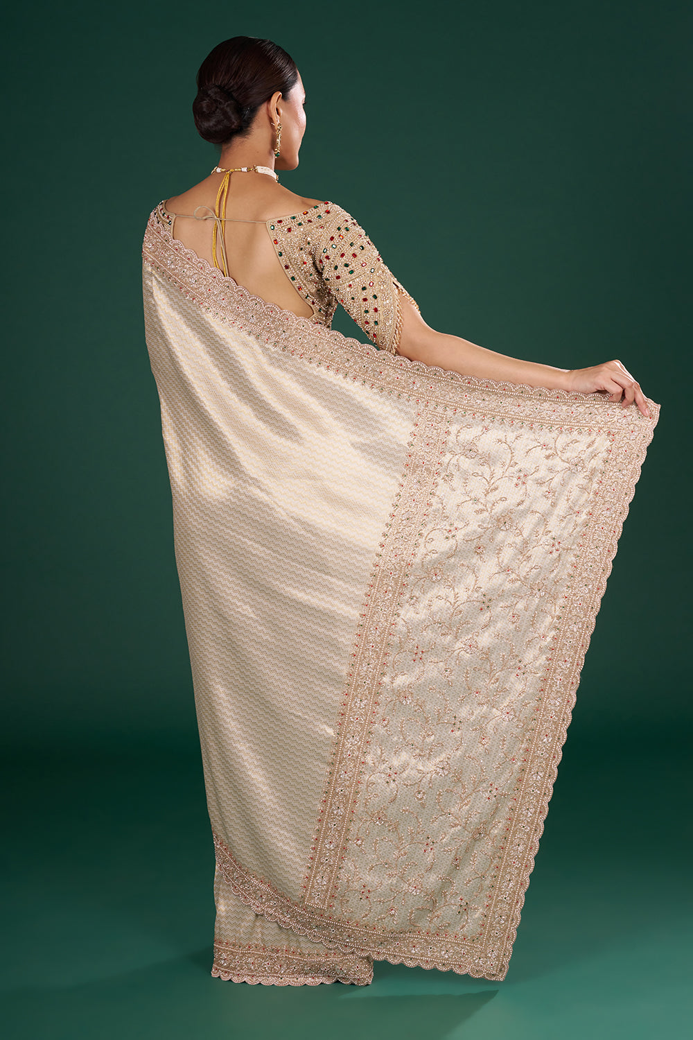 Ivory Gold Embroidered Shimmer Zari Brocade Saree with Rose Gold Cut Dana