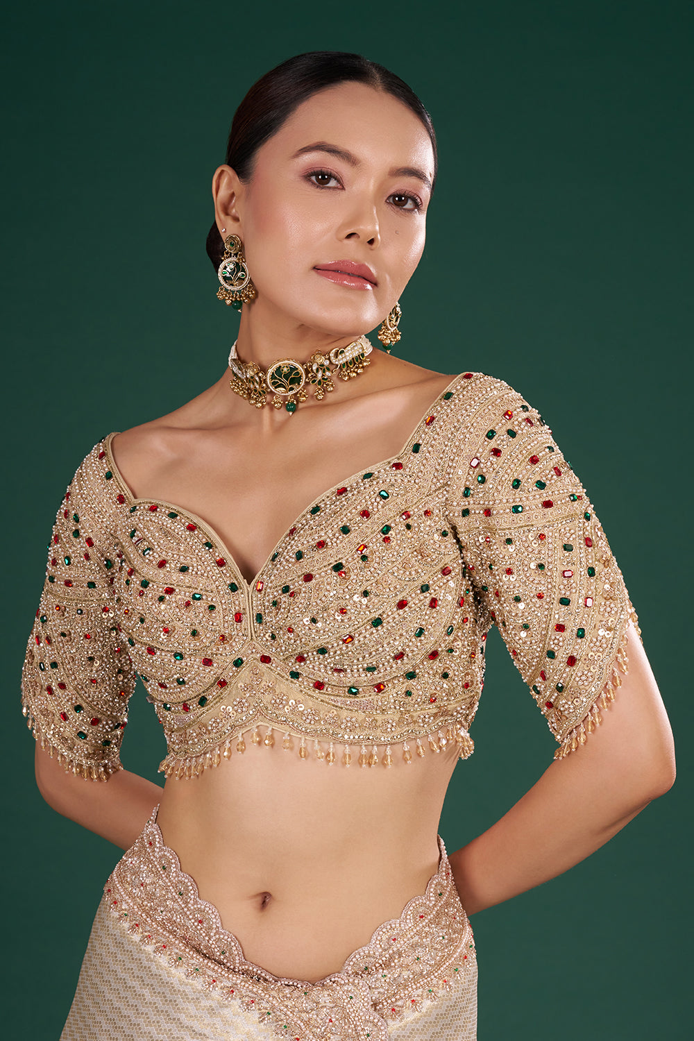 Ivory Gold Embroidered Shimmer Zari Brocade Saree with Rose Gold Cut Dana